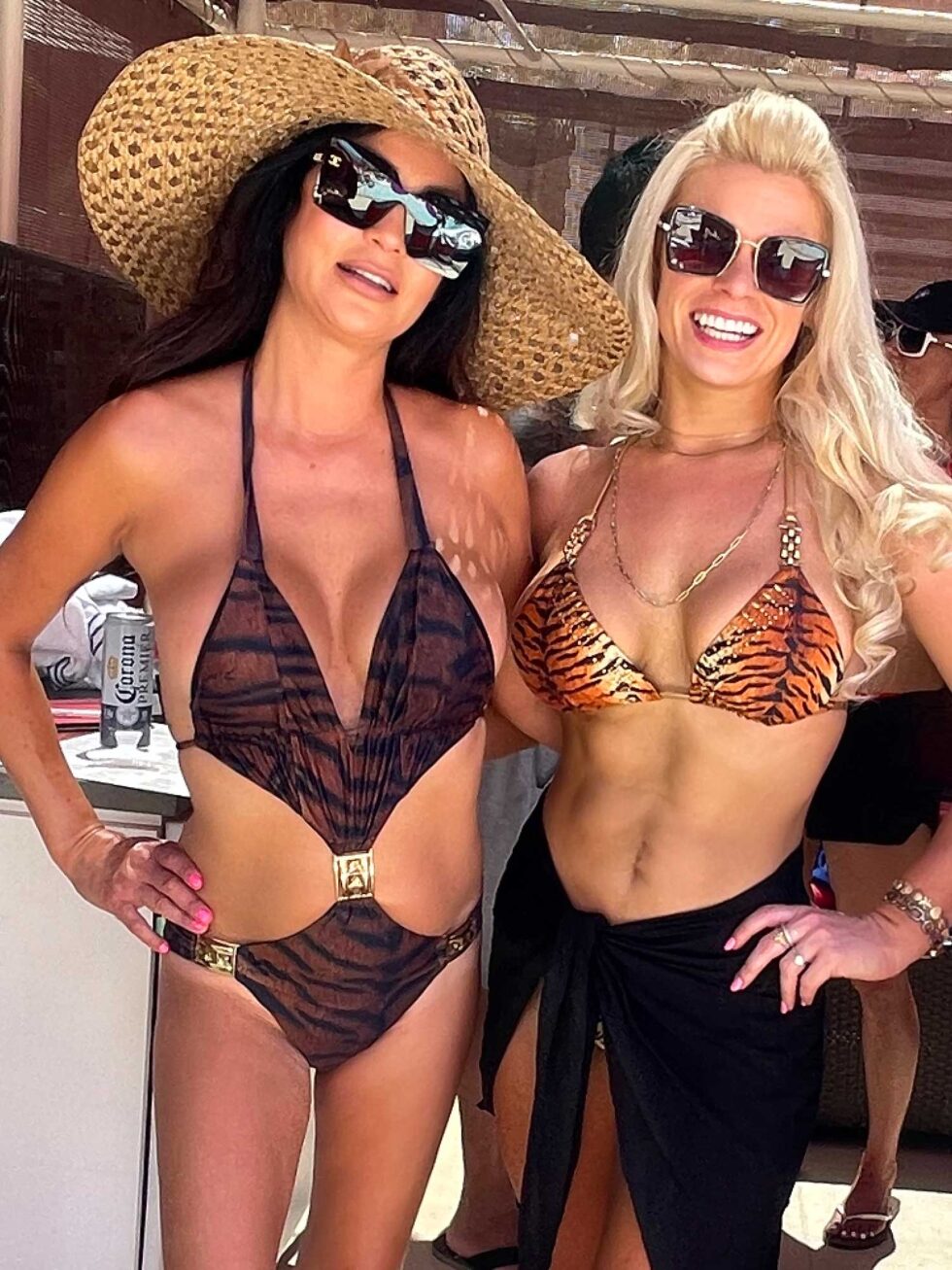 ladies wearing tiger print swimsuits